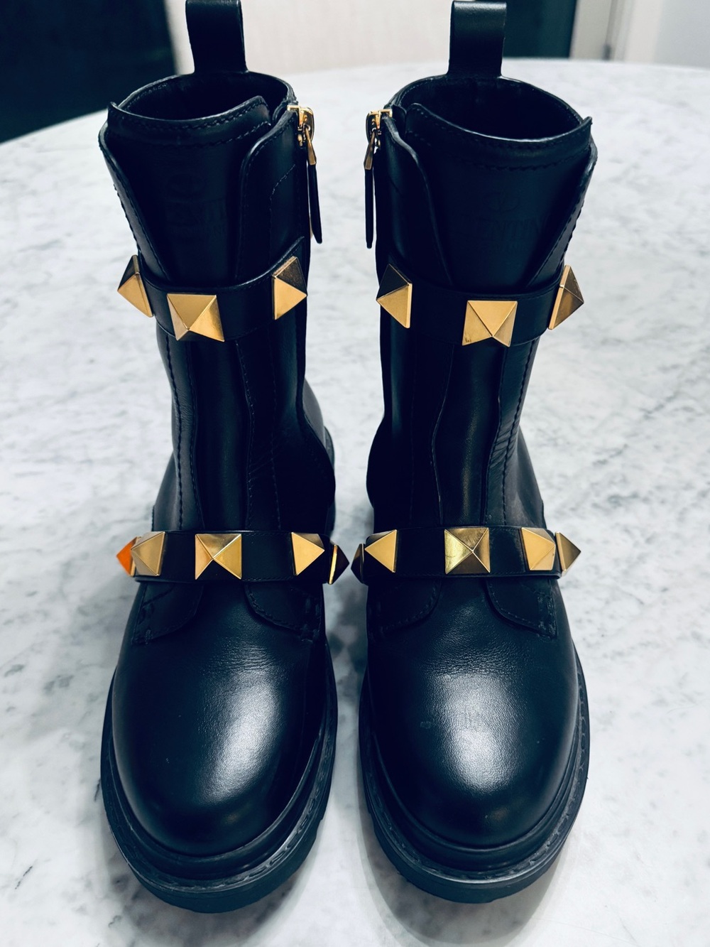 Valentino Black Leather Combat Boots with Gold Pyramid Studs